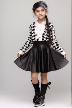 Kız Çocuk Yakadan Bağlamalı Gömlek Triko Hırka Siyah Deri Etekli Takım