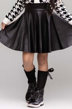 Kız Çocuk Yakadan Bağlamalı Gömlek Triko Hırka Siyah Deri Etekli Takım