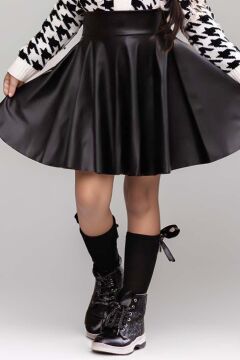 Kız Çocuk Yakadan Bağlamalı Gömlek Triko Hırka Siyah Deri Etekli Takım