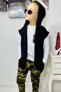Erkek Çocuk Cep Detaylı Kazak Kolsuz Siyah Yelek Kamuflaj Detaylı Eşofman Takım