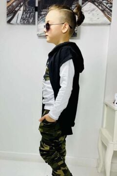 Erkek Çocuk Cep Detaylı Kazak Kolsuz Siyah Yelek Kamuflaj Detaylı Eşofman Takım