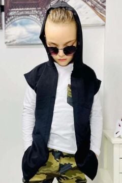 Erkek Çocuk Cep Detaylı Kazak Kolsuz Siyah Yelek Kamuflaj Detaylı Eşofman Takım