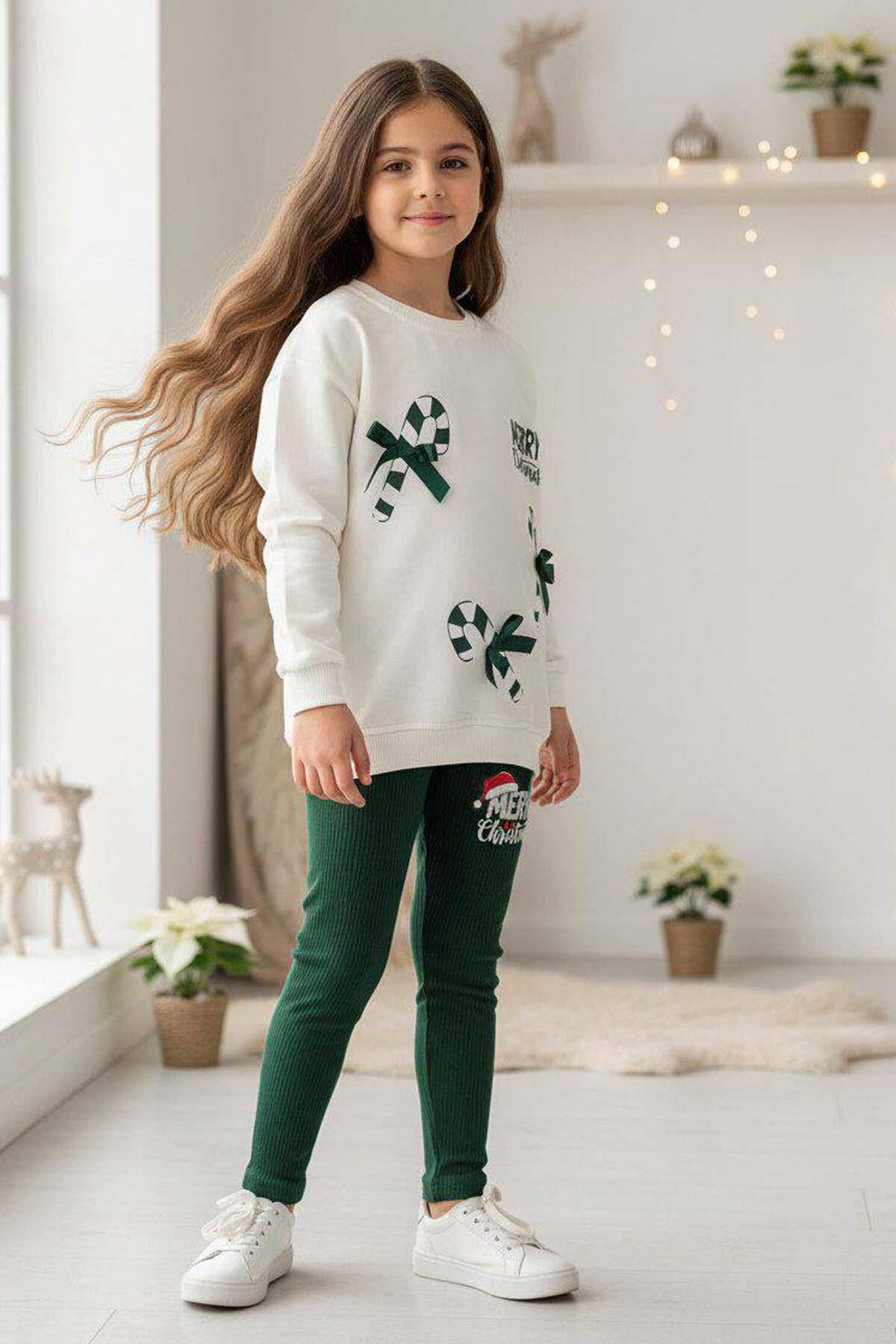 Kız Çocuk Üzerinde Baston Şeker ve Christmas Baskılı 2 İpli Kazak Fitilli Yeşil Taytlı Takım