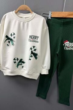 Kız Çocuk Üzerinde Baston Şeker ve Christmas Baskılı 2 İpli Kazak Fitilli Yeşil Taytlı Takım