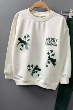 Kız Çocuk Üzerinde Baston Şeker ve Christmas Baskılı 2 İpli Kazak Fitilli Yeşil Taytlı Takım