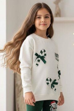 Kız Çocuk Üzerinde Baston Şeker ve Christmas Baskılı 2 İpli Kazak Fitilli Yeşil Taytlı Takım