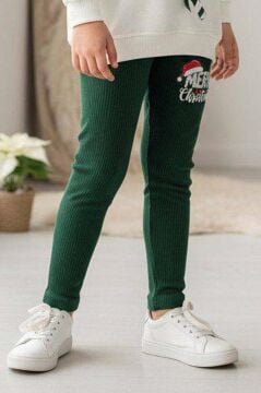 Kız Çocuk Üzerinde Baston Şeker ve Christmas Baskılı 2 İpli Kazak Fitilli Yeşil Taytlı Takım