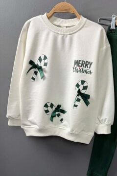 Kız Çocuk Üzerinde Baston Şeker ve Christmas Baskılı 2 İpli Kazak Fitilli Yeşil Taytlı Takım