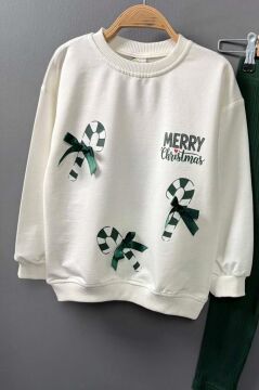 Kız Çocuk Üzerinde Baston Şeker ve Christmas Baskılı 2 İpli Kazak Fitilli Yeşil Taytlı Takım