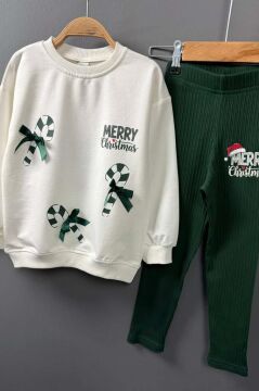 Kız Çocuk Üzerinde Baston Şeker ve Christmas Baskılı 2 İpli Kazak Fitilli Yeşil Taytlı Takım