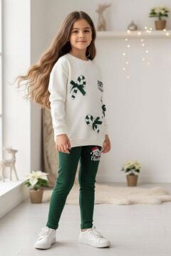 Kız Çocuk Üzerinde Baston Şeker ve Christmas Baskılı 2 İpli Kazak Fitilli Yeşil Taytlı Takım