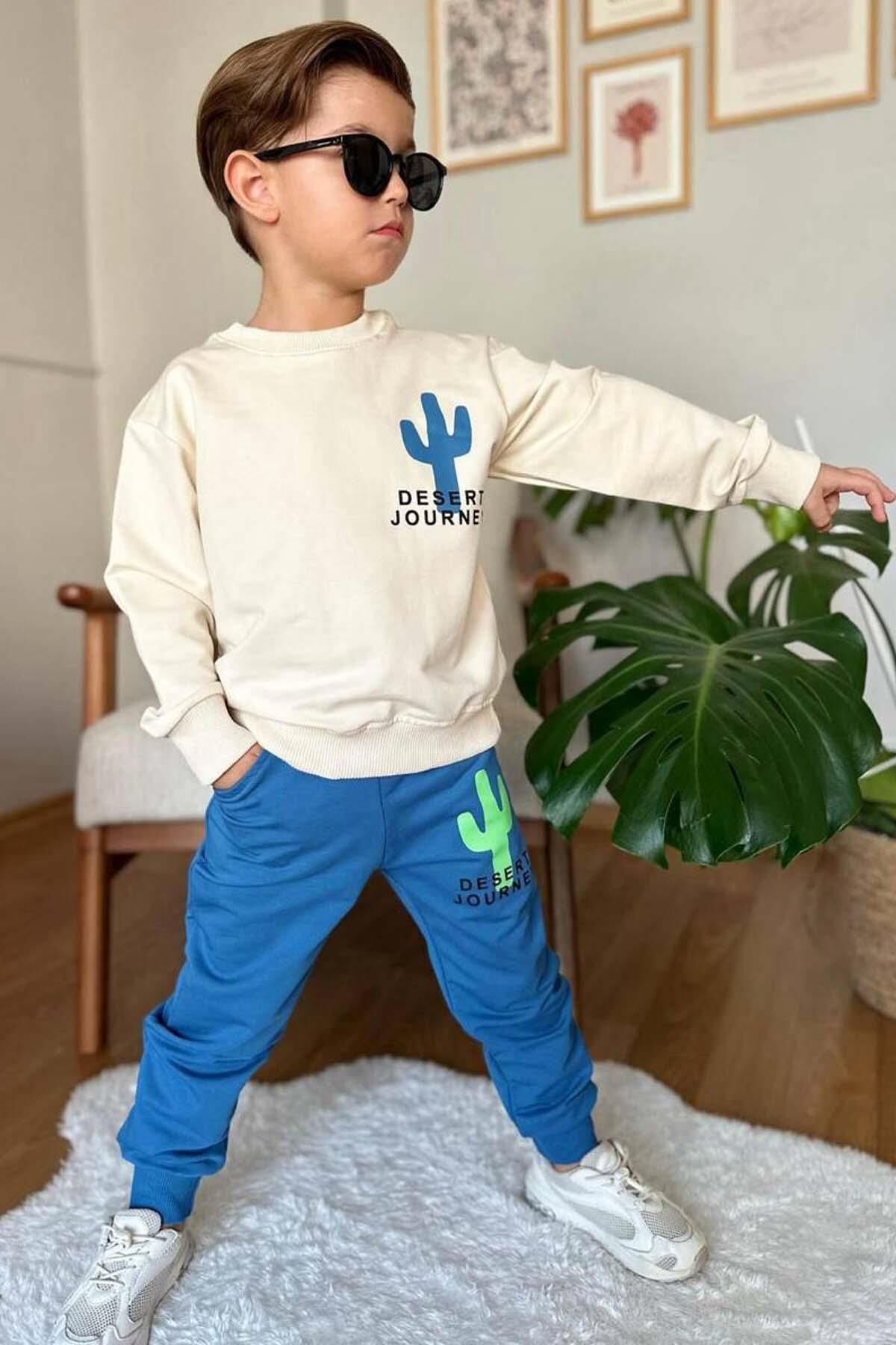Erkek Çocuk Çift Taraflı Kaktüs Baskılı Kazak Mavi Eşofman Takım