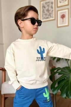 Erkek Çocuk Çift Taraflı Kaktüs Baskılı Kazak Mavi Eşofman Takım