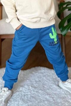 Erkek Çocuk Çift Taraflı Kaktüs Baskılı Kazak Mavi Eşofman Takım