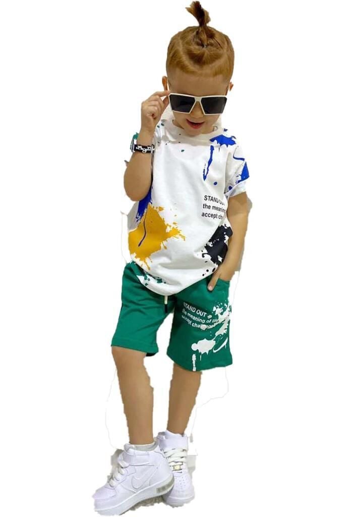 Erkek Çocuk Fırça Boya Desenli Cepli Yeşil Şortlu Takım