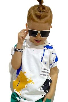 Erkek Çocuk Fırça Boya Desenli Cepli Yeşil Şortlu Takım