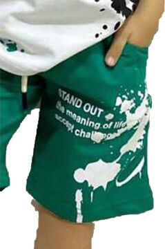 Erkek Çocuk Fırça Boya Desenli Cepli Yeşil Şortlu Takım