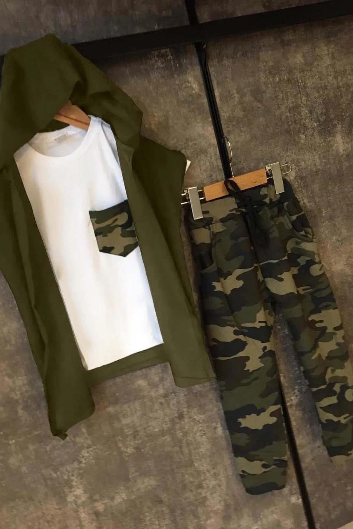 Erkek Çocuk Cep Detaylı T-shirt Kolsuz Yeşil Yelek Kamuflaj Detaylı Eşofman Takım