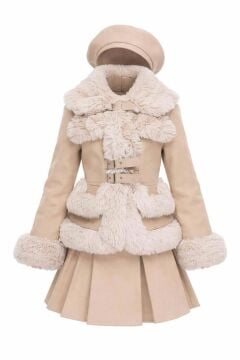 Kız Çocuk Kenarları Kürk ve Çift Kemer Detaylı Etekli Krem Palto