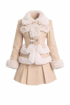 Kız Çocuk Kenarları Kürk ve Çift Kemer Detaylı Etekli Krem Palto