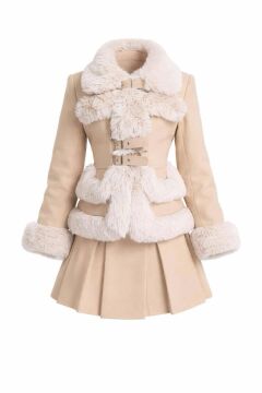 Kız Çocuk Kenarları Kürk ve Çift Kemer Detaylı Etekli Krem Palto