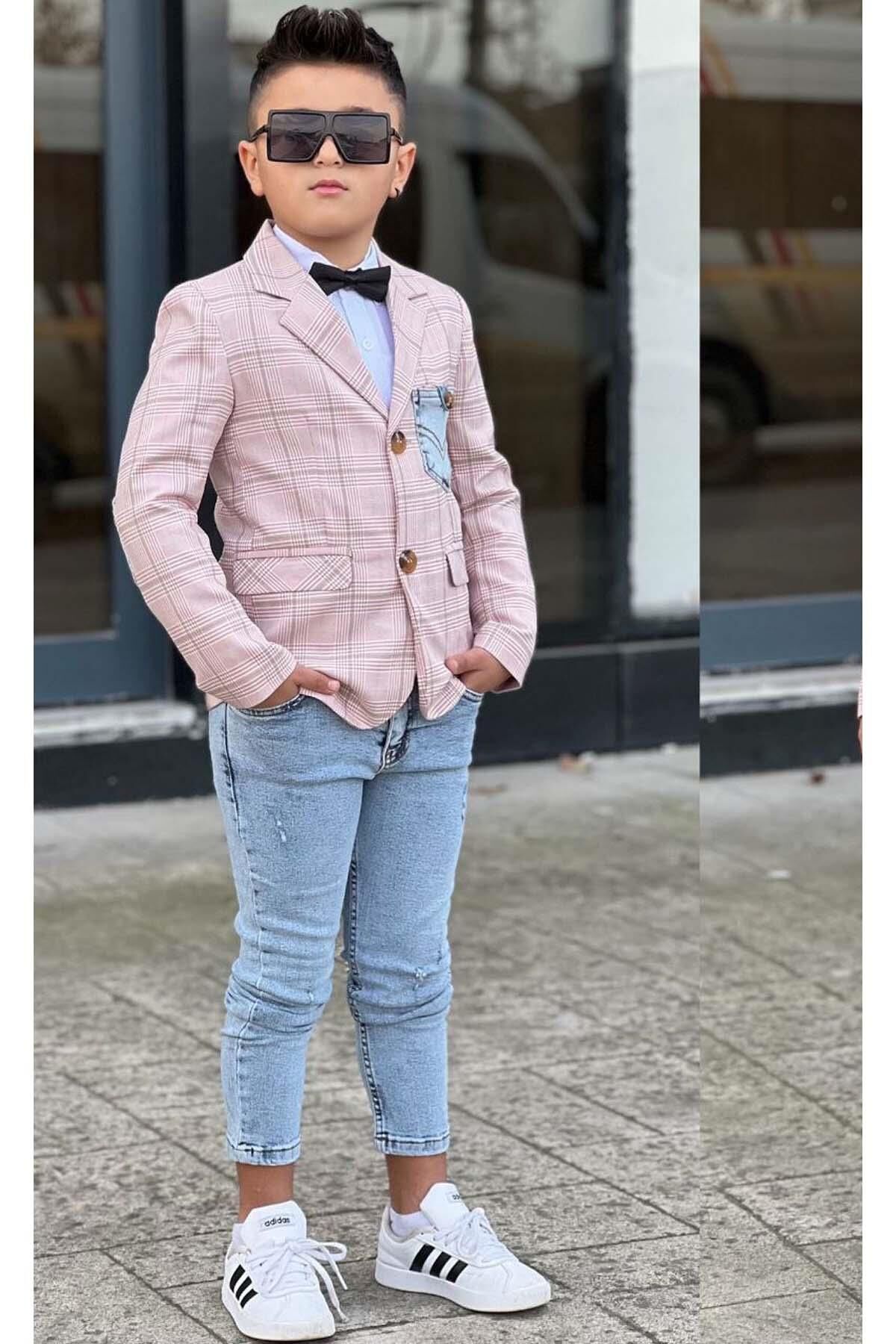 Erkek Çocuk Çizgili Blazer Ceket Kot Pantolon Pudra Şeker Alt Üst Takım