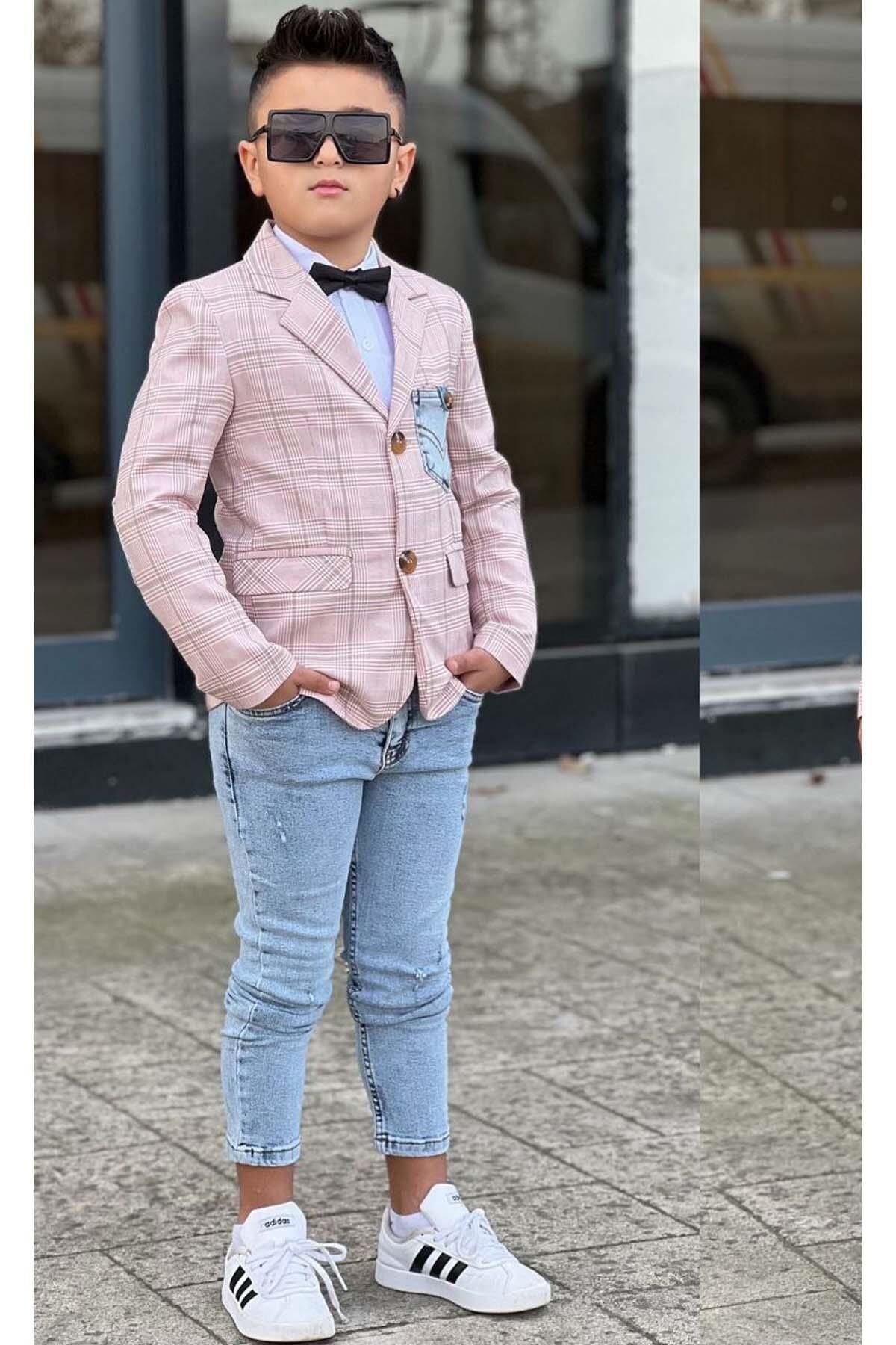 Erkek Çocuk Çizgili Blazer Ceket Kot Pantolon Pudra Şeker Alt Üst Takım