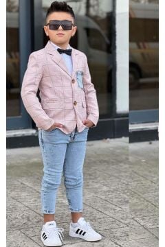 Erkek Çocuk Çizgili Blazer Ceket Kot Pantolon Pudra Şeker Alt Üst Takım