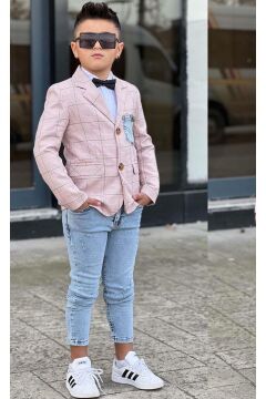 Erkek Çocuk Çizgili Blazer Ceket Kot Pantolon Pudra Şeker Alt Üst Takım