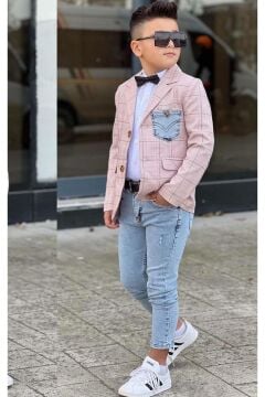 Erkek Çocuk Çizgili Blazer Ceket Kot Pantolon Pudra Şeker Alt Üst Takım