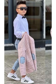 Erkek Çocuk Çizgili Blazer Ceket Kot Pantolon Pudra Şeker Alt Üst Takım