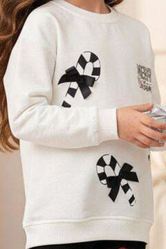 Kız Çocuk Üzerinde Baston Şeker ve Christmas Baskılı 2 İpli Kazak Fitilli Siyah Taytlı Takım