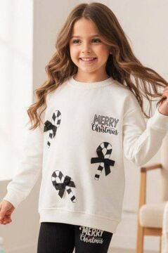 Kız Çocuk Üzerinde Baston Şeker ve Christmas Baskılı 2 İpli Kazak Fitilli Siyah Taytlı Takım