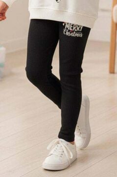 Kız Çocuk Üzerinde Baston Şeker ve Christmas Baskılı 2 İpli Kazak Fitilli Siyah Taytlı Takım