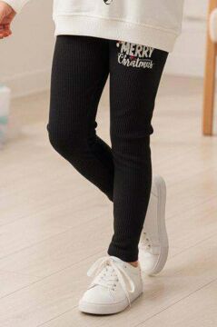 Kız Çocuk Üzerinde Baston Şeker ve Christmas Baskılı 2 İpli Kazak Fitilli Siyah Taytlı Takım