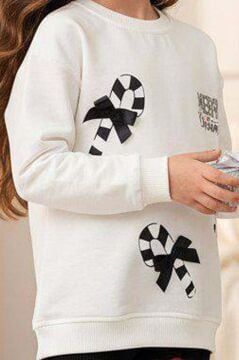 Kız Çocuk Üzerinde Baston Şeker ve Christmas Baskılı 2 İpli Kazak Fitilli Siyah Taytlı Takım