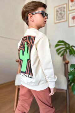 Erkek Çocuk Çift Taraflı Kaktüs Baskılı Kazak Kiremit Eşofman Takım