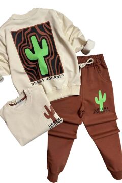 Erkek Çocuk Çift Taraflı Kaktüs Baskılı Kazak Kiremit Eşofman Takım