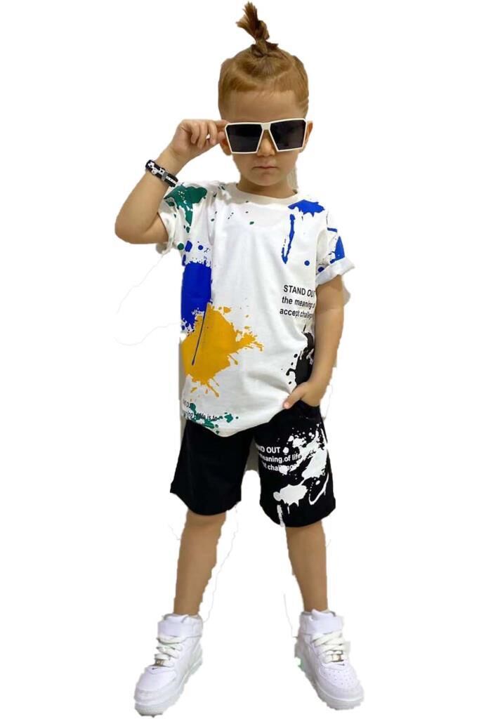 Erkek Çocuk Fırça Boya Desenli Cepli Siyah Şortlu Takım