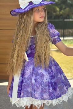 Kız Çocuk Üzeri Gül Baskılı Yakası ve Etek Ucu Dantel İşlemeli Mor Elbise