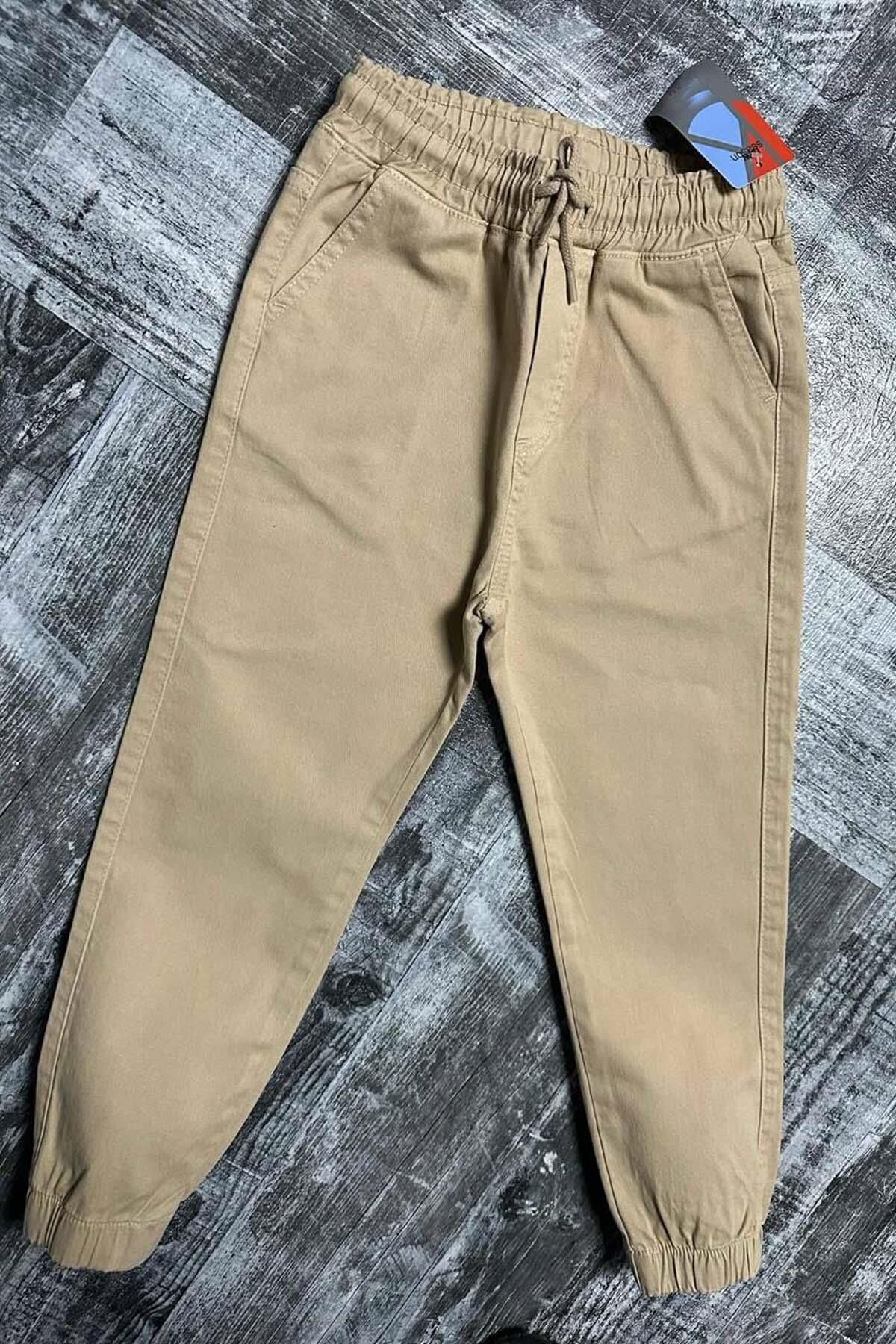 Erkek Çocuk Beli Lastikli İp Detaylı Gabardin Jogger Krem Kot Pantolon