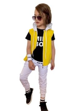 Erkek Çocuk Mini Boy Yazı ve Şerit Detaylı T-shirt Kolsuz Sarı Yelek Eşofman Takım