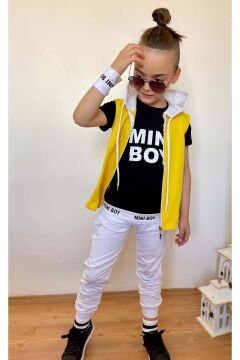Erkek Çocuk Mini Boy Yazı ve Şerit Detaylı T-shirt Kolsuz Sarı Yelek Eşofman Takım