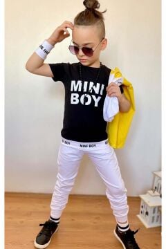 Erkek Çocuk Mini Boy Yazı ve Şerit Detaylı T-shirt Kolsuz Sarı Yelek Eşofman Takım