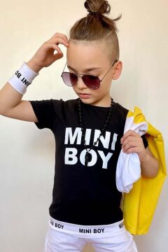 Erkek Çocuk Mini Boy Yazı ve Şerit Detaylı T-shirt Kolsuz Sarı Yelek Eşofman Takım