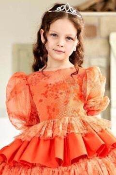 Kız Çocuk Çiçek Detaylı Katkat Fırfırlı Turuncu Abiye
