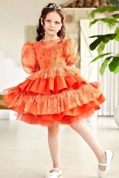 Kız Çocuk Çiçek Detaylı Katkat Fırfırlı Turuncu Abiye