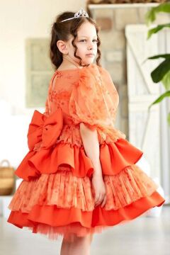 Kız Çocuk Çiçek Detaylı Katkat Fırfırlı Turuncu Abiye