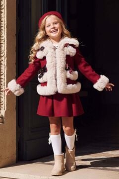 Kız Çocuk Kenarları Kürk ve Çift Kemer Detaylı Etekli Bordo Palto