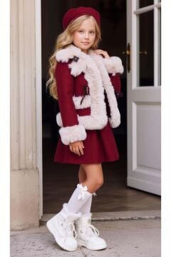 Kız Çocuk Kenarları Kürk ve Çift Kemer Detaylı Etekli Bordo Palto